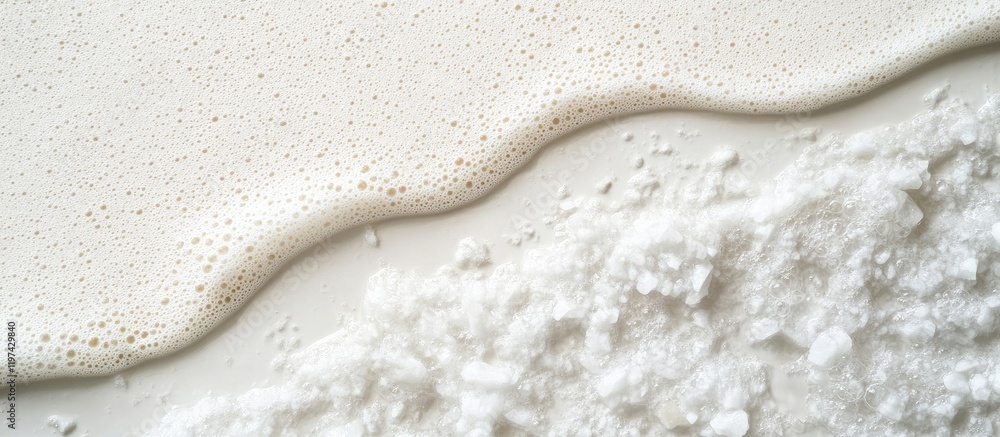 Poster white liquid and powder on a light background with textured surfaces and copy space for text placeme