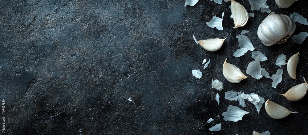 Poster dark textured background with garlic cloves and shells scattered, featuring ample copy space for tex