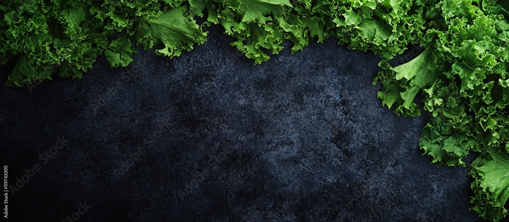 Poster lettuce leaves on dark textured background with ample copy space for text or graphics