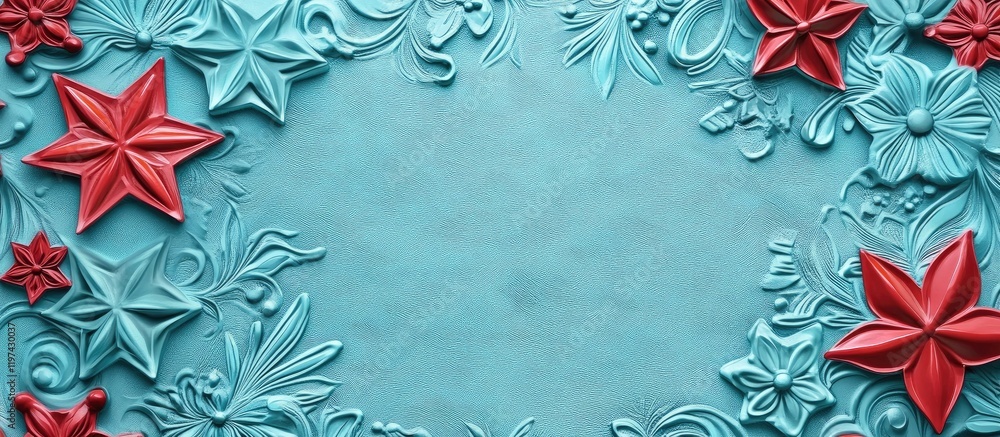 Poster colorful floral relief design with red and blue elements on textured background and ample copy space