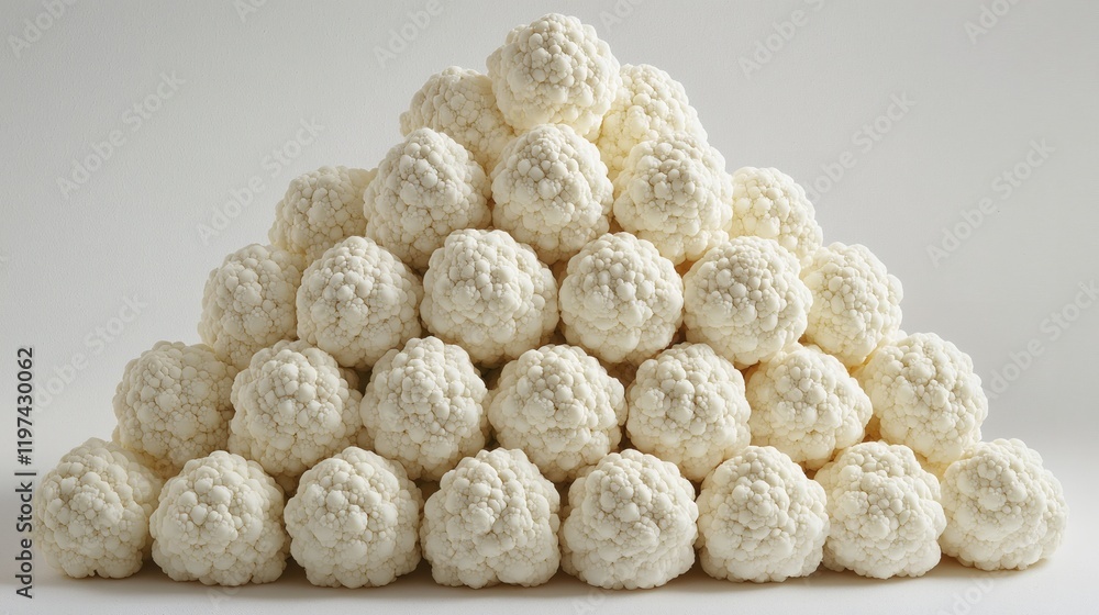 Poster Isolated on white background a stack of cauliflower heads arranged in a pyramid shape emphasizing freshness Stock Photo with side copy space