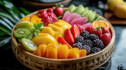 Vibrant Assorted Fresh Fruits in a Bamboo Round Basket Featuring Strawberries, Kiwi, Mango, and Melon on a Dark Marble Surface