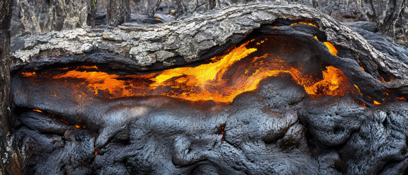 Double exposure of tree bark and flowing lava illustrates nature's powerful forces