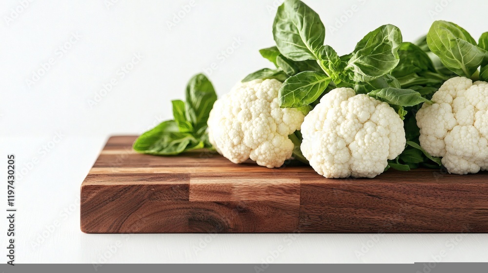 Poster isolated on white background a cluster of cauliflower heads artfully placed on a cutting board stock