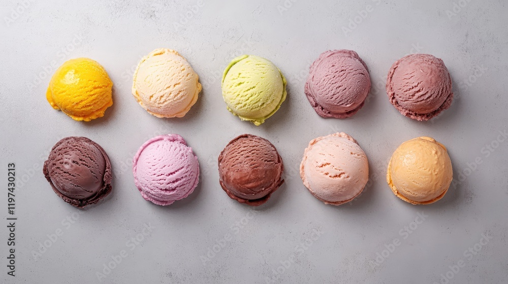 Aufkleber assorted vibrant gelato ice cream scoops in various colors on a textured gray background arranged in