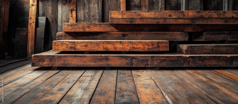 Poster rustic wooden planks and beams on floor in a dimly lit interior space with ample copy space for text