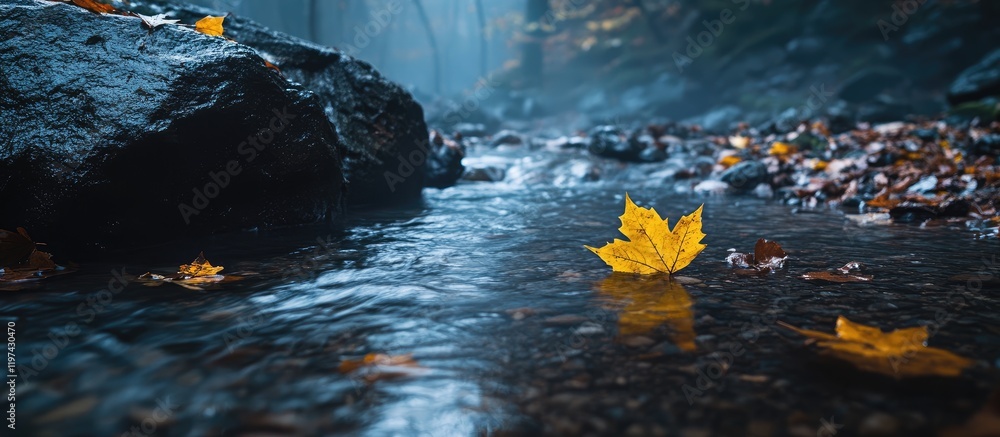 Poster autumn leaves floating on a calm stream in a misty forest setting with soft natural lighting and tex
