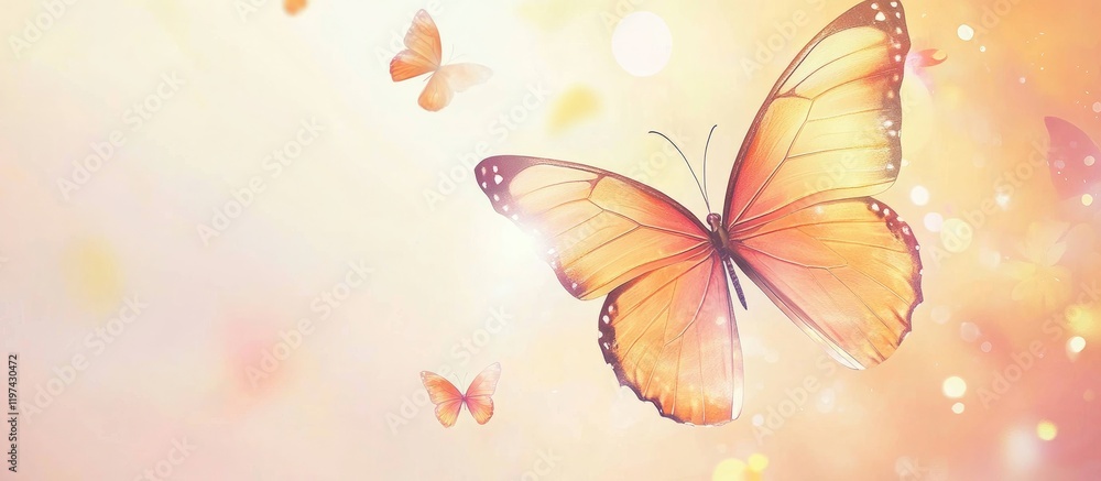 Poster colorful butterflies flying against a soft blurred background with light bokeh and copy space for te
