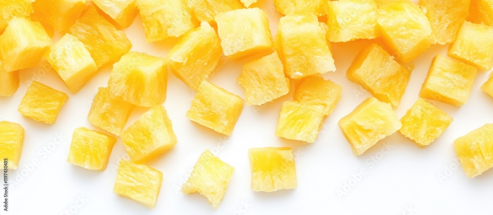 Aufkleber diced fresh pineapple cubes scattered on a white background with ample copy space for text insertion