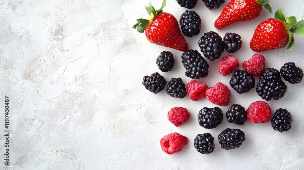 Poster fresh assorted berries and strawberries in vibrant red and black on light textured surface with empt