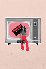 Vertical art banner collage of happy girl hold boombox recorder party music event tape hit retro tv analog channel relax event