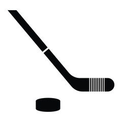 Hockey stick and puck vector icon. Ideal for sports, ice hockey, or team logo designs. Black silhouette isolated on white background.
