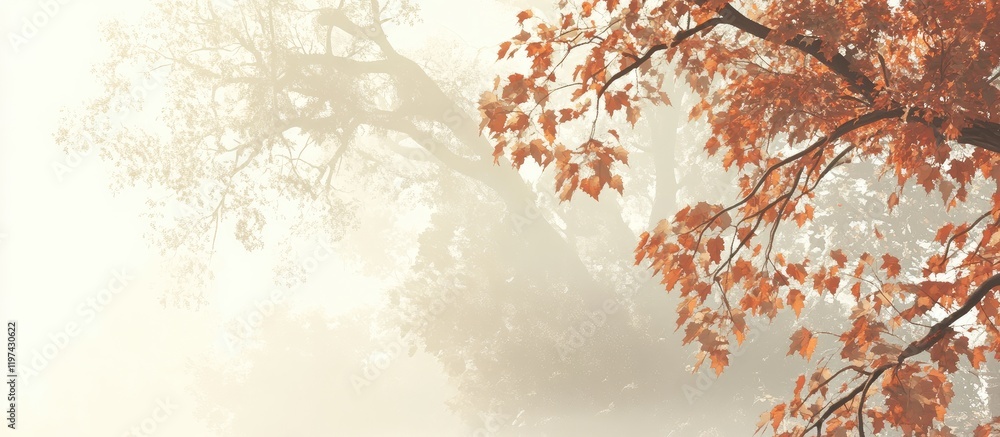 Aufkleber autumn foliage with misty background and soft light, showcasing warm color tones and copy space for 