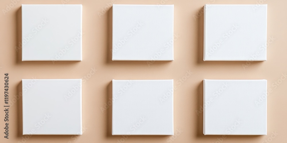 Poster blank square canvases arranged in two rows on a beige background with copy space for text placement.