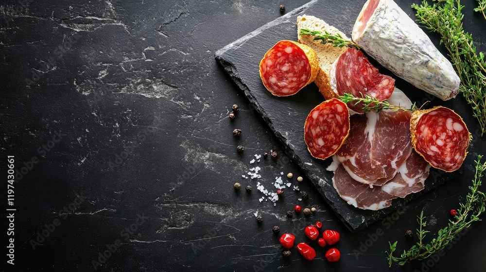 Poster assorted fresh meats displayed on a black slate surface with herbs and spices highlighting rustic cu