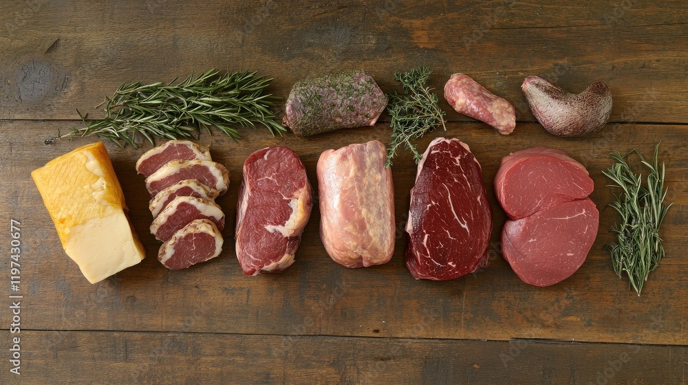 Poster assorted fresh meats with herbs and cheese on rustic wooden background displaying rich red and yello