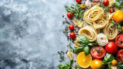 Assorted fresh organic uncooked vibrant pasta ingredients with colorful tomatoes and herbs on a gray textured background