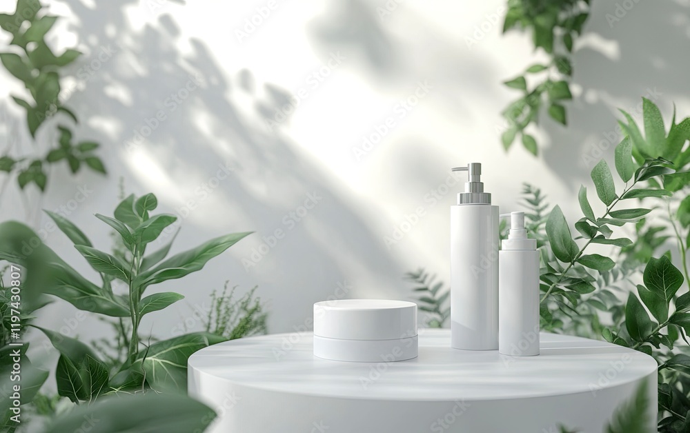 Poster abstract white podium with a nature background, a mock-up for a product presentation display stand. 