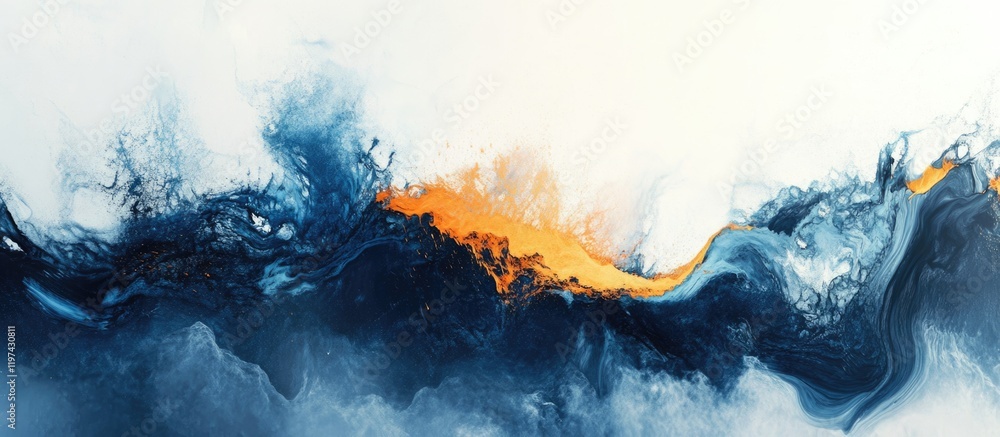 Poster abstract blue and orange fluid painting with wave-like patterns and smooth textures suitable for bac