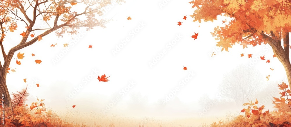 Poster autumn landscape with orange leaves falling from trees in a foggy setting featuring ample copy space
