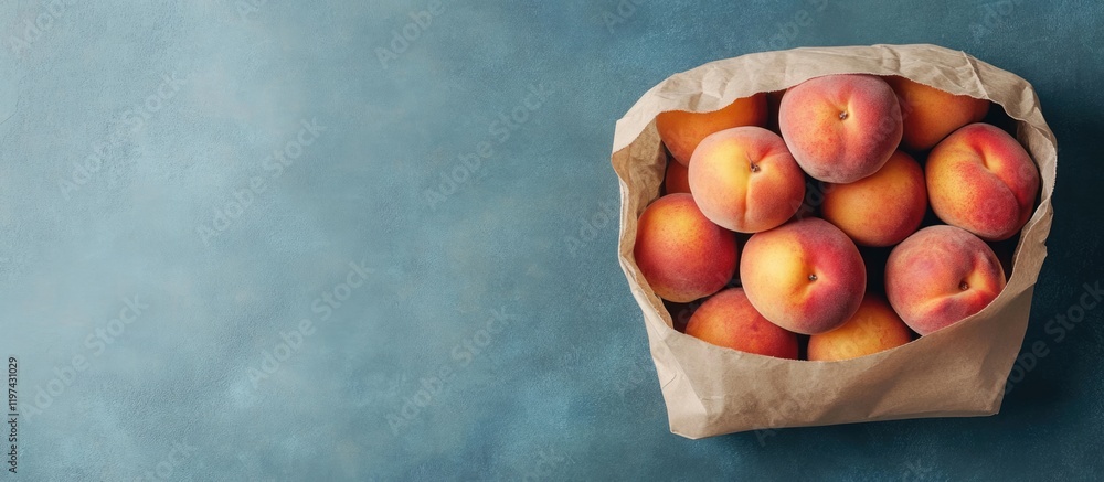 Aufkleber fresh peaches in a paper bag on a textured blue background with ample copy space for text placement.