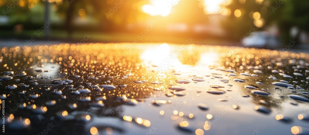 Poster close-up of rain droplets on a surface reflecting sunset light with soft bokeh background and ample 
