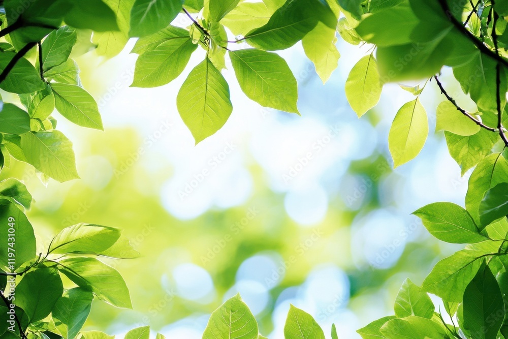 Aufkleber Bright green leaves framing soft sunlight with ample space for text and content creation. Generative AI