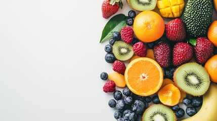 Colorful Assortment of Fresh Ripe Fruits Including Strawberries, Oranges, Blueberries, Kiwis, and Mangoes on Light Grey Background