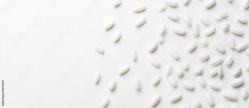 Poster white small seeds scattered on a clean white background with copy space for text placement