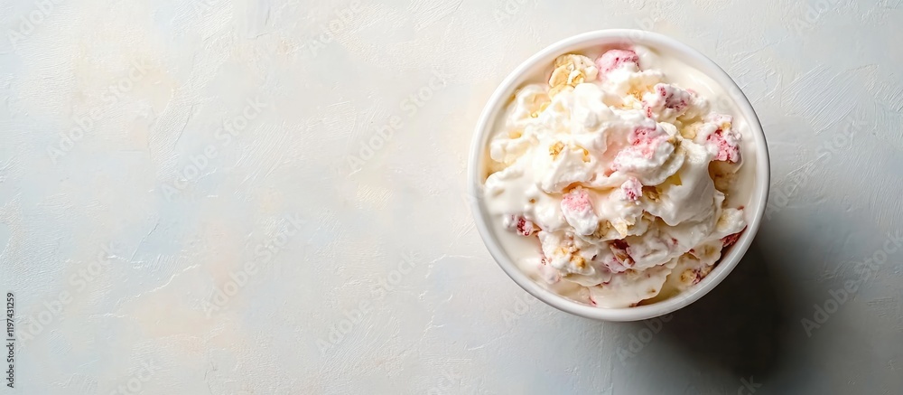 Poster cup of ice cream with mixed toppings and whipped cream on a light textured background with copy spac