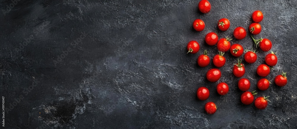 Poster red cherry tomatoes scattered on dark textured surface with ample copy space for text placement.