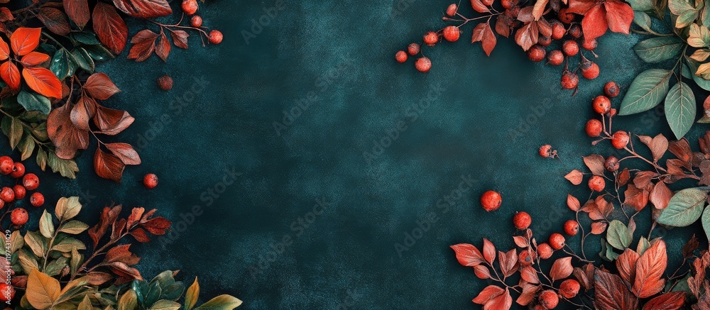 Poster artisan autumn and winter collections display with colorful maple and berry leaves on dark teal back