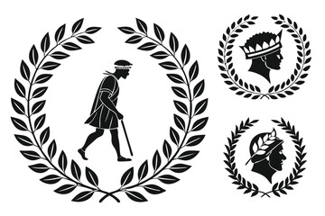 Laurel wreaths, black and white vector graphics, circular leaf designs, ancient Roman symbols, victory crowns, olive branch motifs, symmetrical patterns, award emblems, heraldic elements, minimalist l