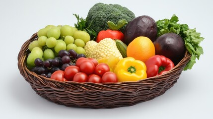 Assorted Fresh Vegetables and Fruits in a Brown Wicker Basket Featuring Green Broccoli Yellow Bell Peppers Red Tomatoes and Grapes on Light Background