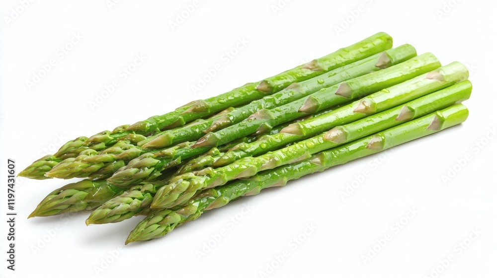 Aufkleber Isolated on white background fresh asparagus spears aligned in a straight row for a minimalistic composition Stock Photo with side copy space