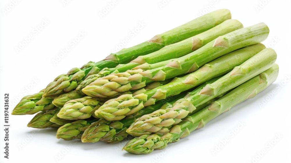 Aufkleber Isolated on white background fresh asparagus spears aligned in a straight row for a minimalistic composition Stock Photo with side copy space