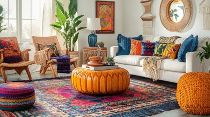A living room decorated with global-inspired textiles, eclectic furniture, and vibrant colors creating a bohemian vibe.
