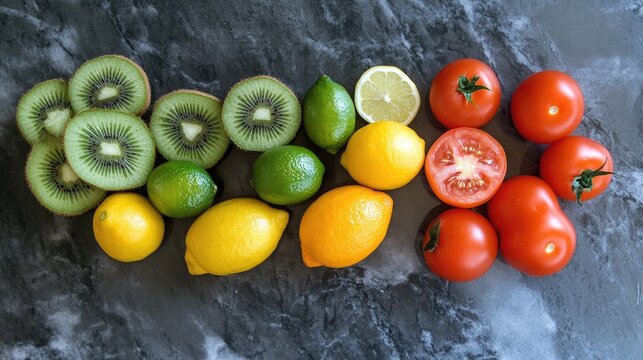 Vibrant flat lay of assorted fresh vegetables and fruits including green kiwis yellow lemons zesty limes ripe red tomatoes arranged on textured dark surface