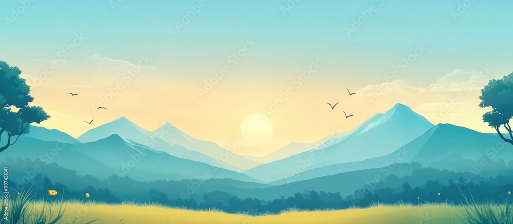 Poster panoramic view of mountains and valleys during sunset with colorful sky and copy space for text plac