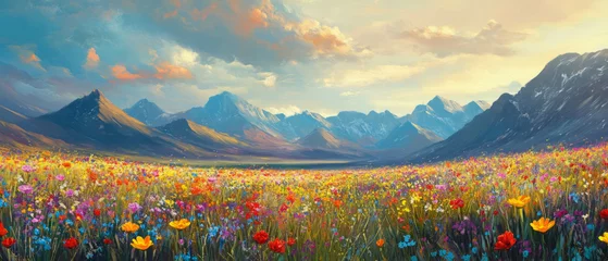 Selbstklebende Fototapeten Vibrant wildflower fields leading to majestic mountains in a scenic landscape © Artem