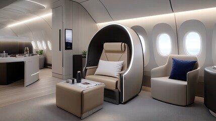 Exquisite seating arrangement in a private jet with spacious beige leather armchairs and a chic table, perfect for relaxation