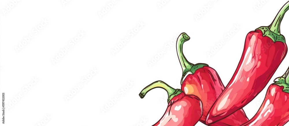 Aufkleber red chili peppers with green stems arranged in a cluster on a white background with copy space for t