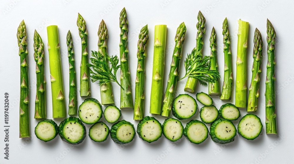 Poster Isolated on white background cut asparagus pieces scattered to create a dynamic and vibrant display Stock Photo with side copy space
