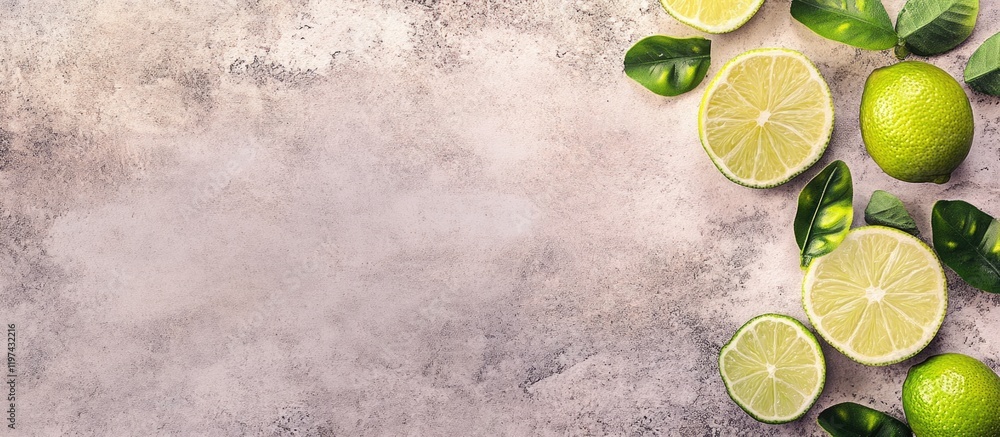 Poster fresh citrus fruits on a textured background with lime and green apple slices surrounded by leaves f