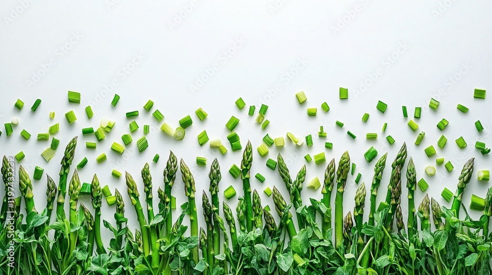 Poster Isolated on white background cut asparagus pieces scattered to create a dynamic and vibrant display Stock Photo with side copy space