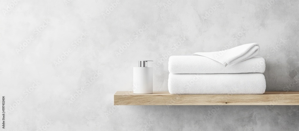Poster white towels neatly arranged on a wooden shelf against a textured gray wall with copy space for text