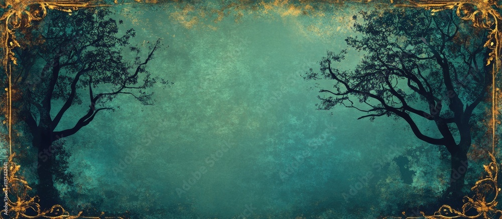 Poster misty forest background with ornate golden frame and copy space for text on atmospheric green and bl