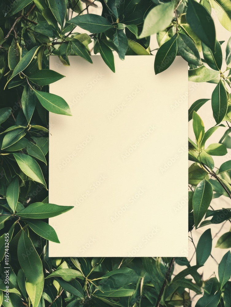 Poster blank space surrounded by green foliage for creative design and text placement in a natural setting.