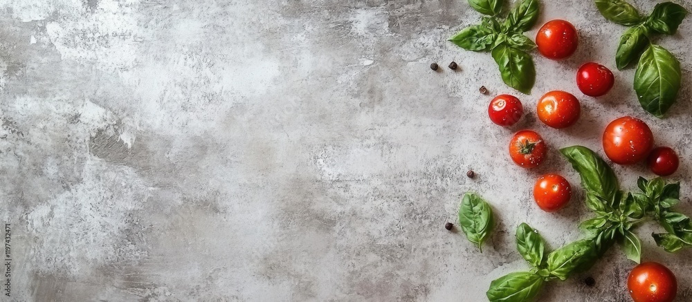 Poster fresh cherry tomatoes and basil leaves on a textured gray background with copy space for text placem