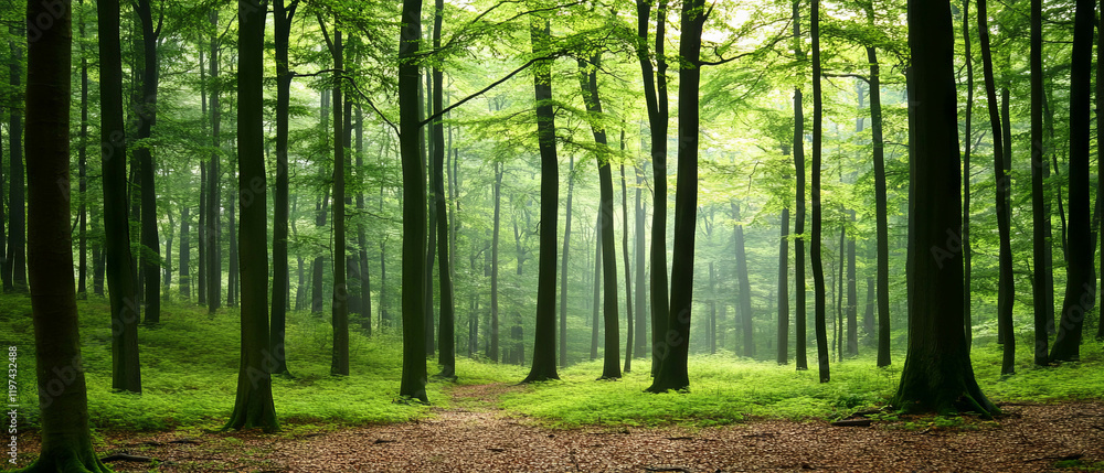 Poster fog envelops a serene forest creating a magical atmosphere in lush greenery
